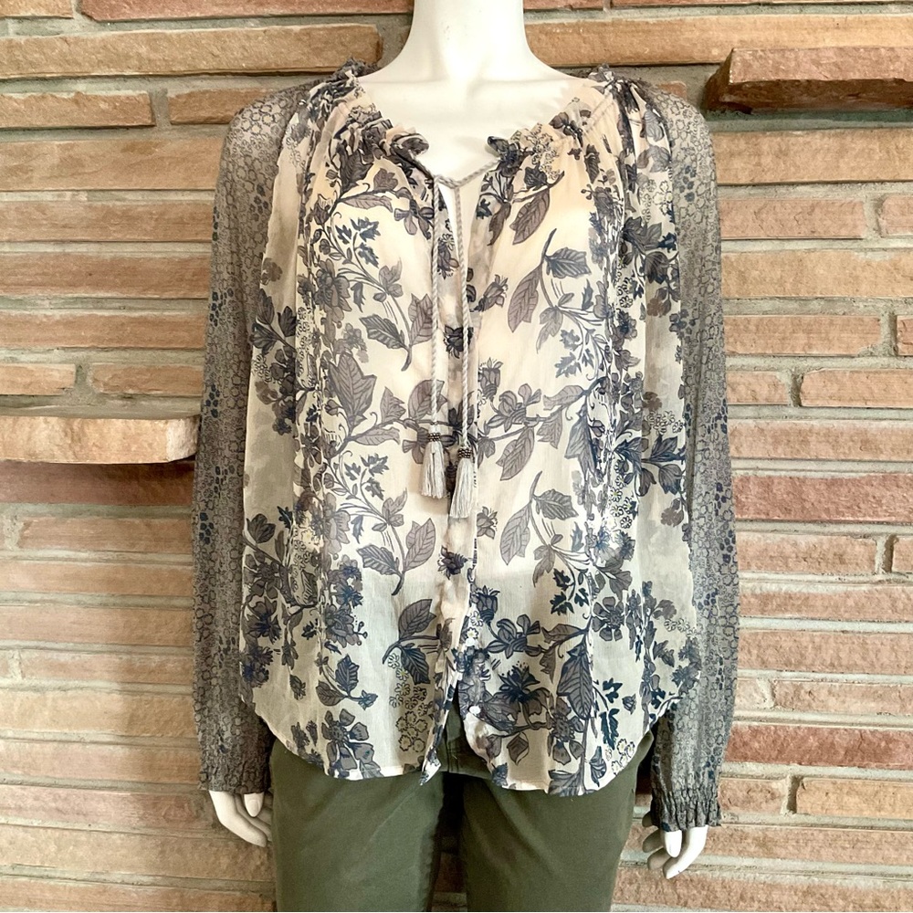 Free People Boho Cottagecore Sheer Floral Drawstring Neck Blouse